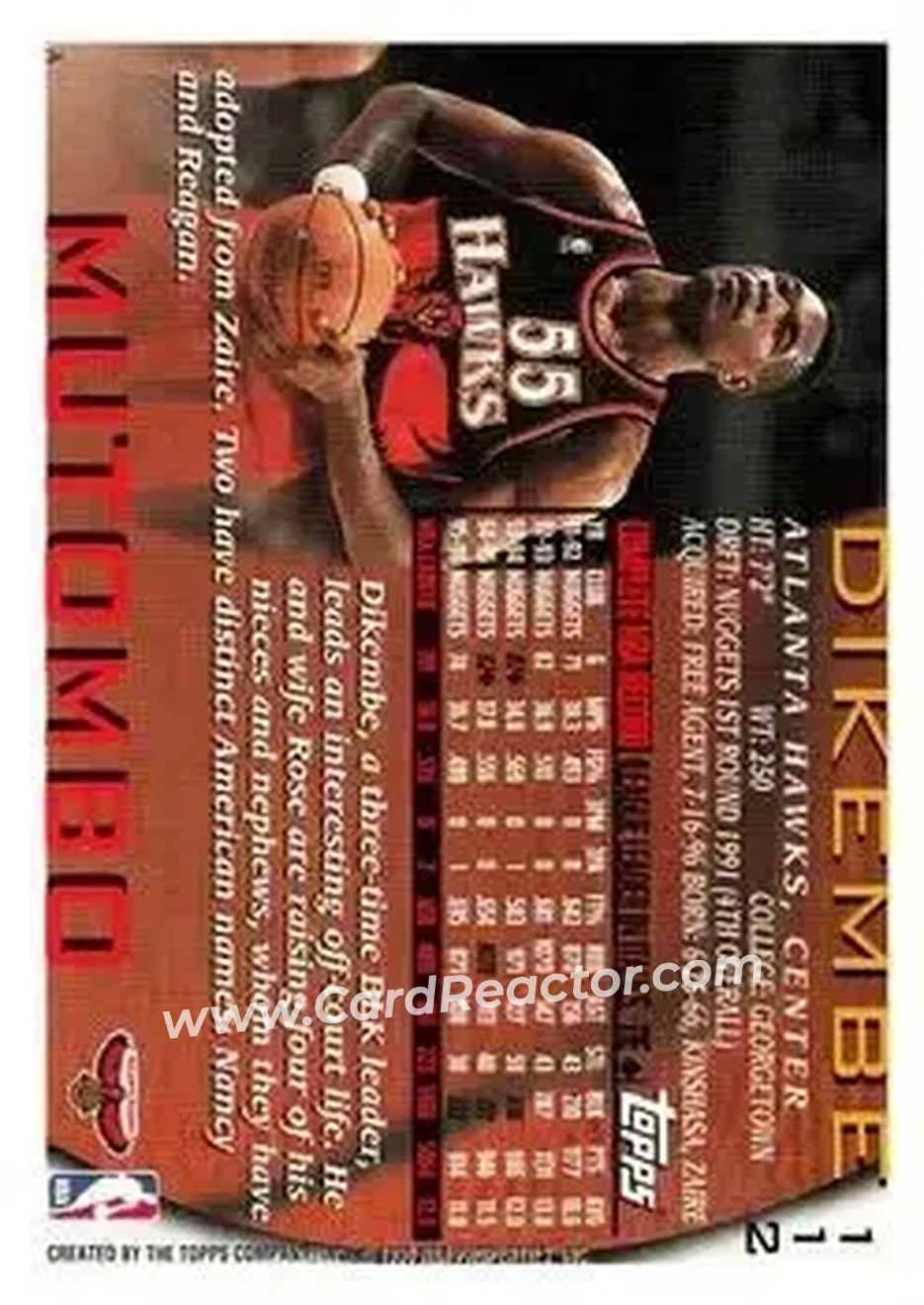 1996-97 Topps #112 - Dikembe Mutombo - Atlanta Hawks - Back 1996-97 Topps #112 - Dikembe Mutombo - Atlanta Hawks - Back