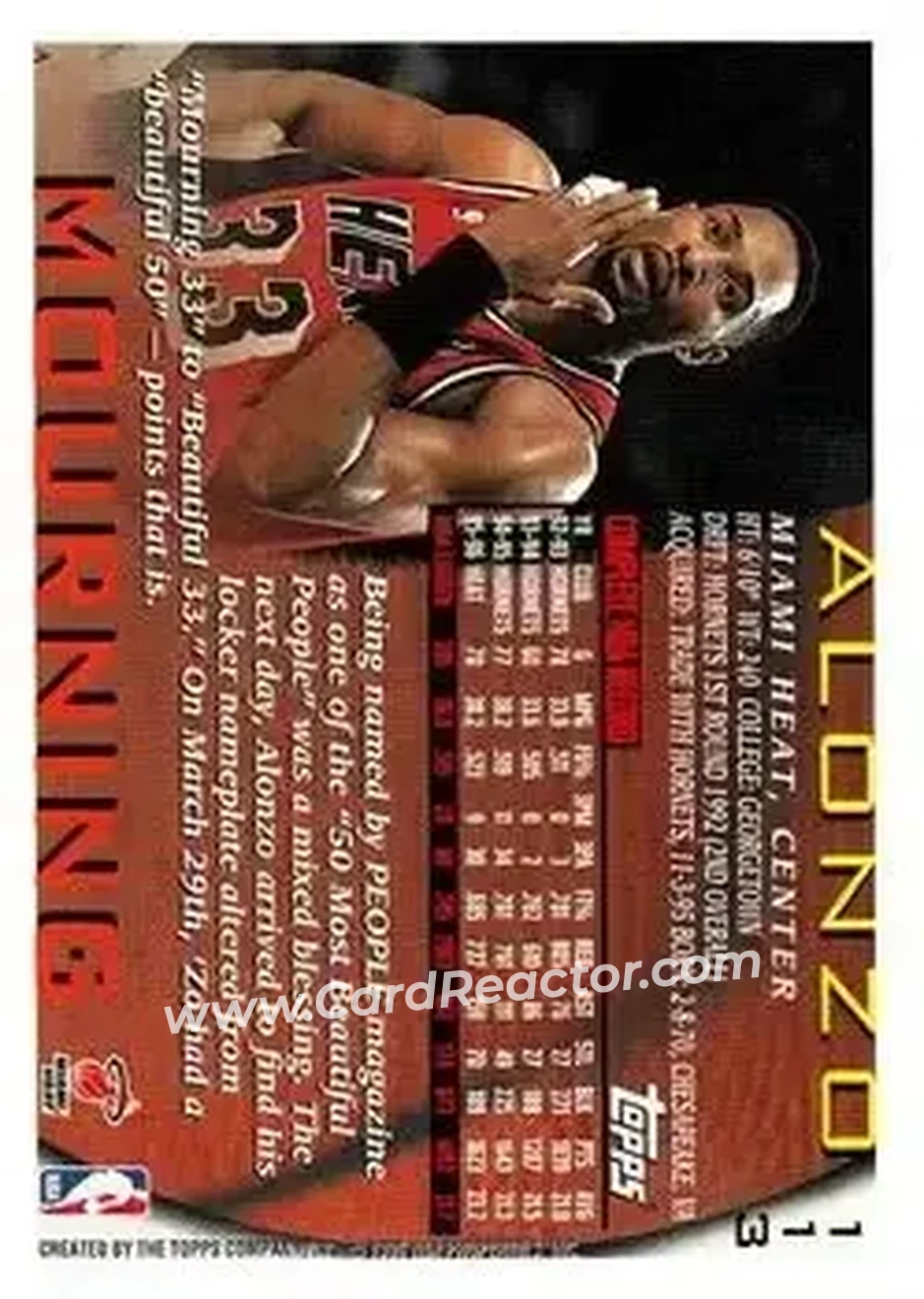 1996-97 Topps #113 - Alonzo Mourning - Miami Heat - Back