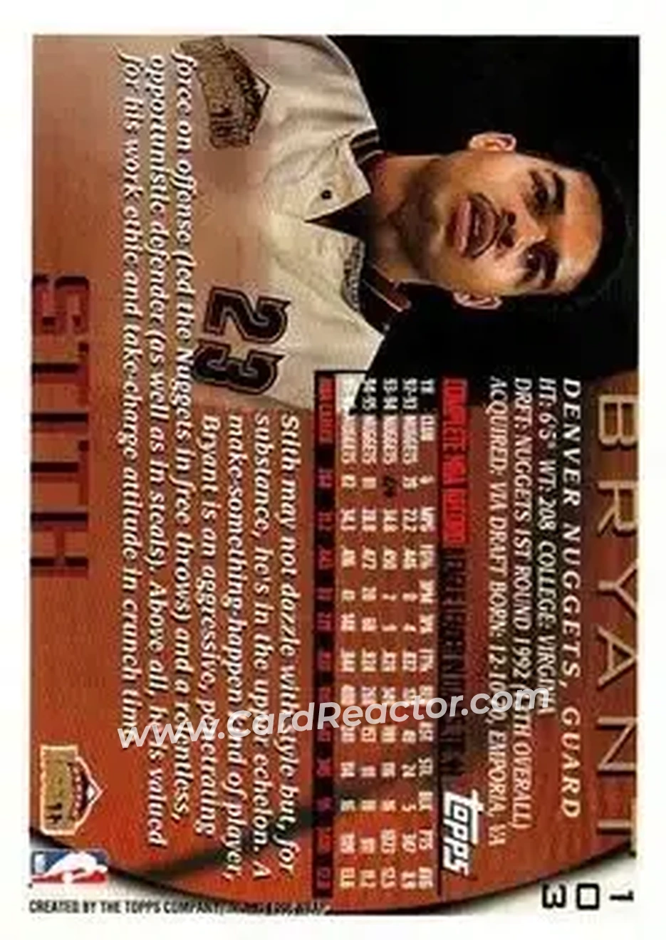 1996-97 Topps #103 - Bryant Stith - Denver Nuggets - Back