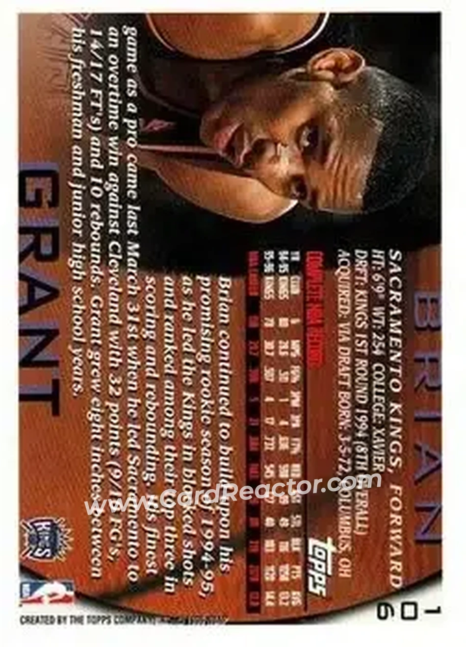 1996-97 Topps #106 - Brian Grant - Sacramento Kings - Back 1996-97 Topps #106 - Brian Grant - Sacramento Kings - Back