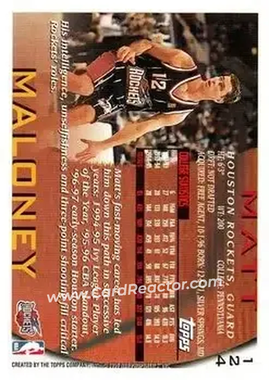 1996-97 Topps #124 - Matt Maloney - Houston Rockets - Back