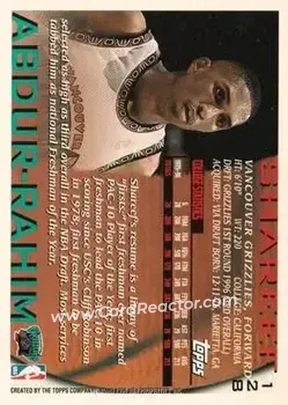 1996-97 Topps #128 - Shareef Abdur-Rahim - Vancouver Grizzlies - Back 1996-97 Topps #128 - Shareef Abdur-Rahim - Vancouver Grizzlies - Back