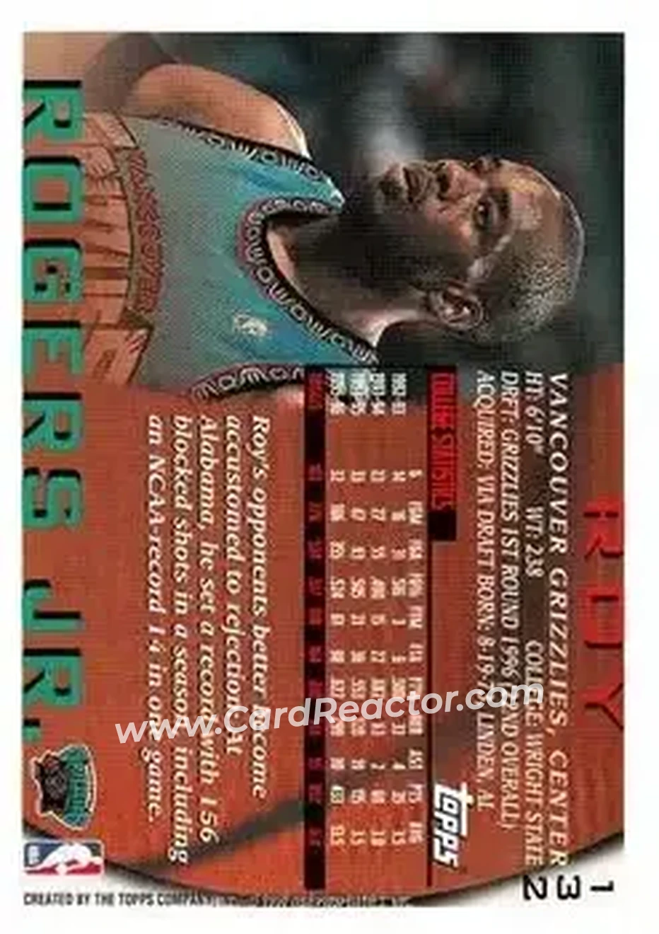 1996-97 Topps #132 - Roy Rogers - Vancouver Grizzlies - Back