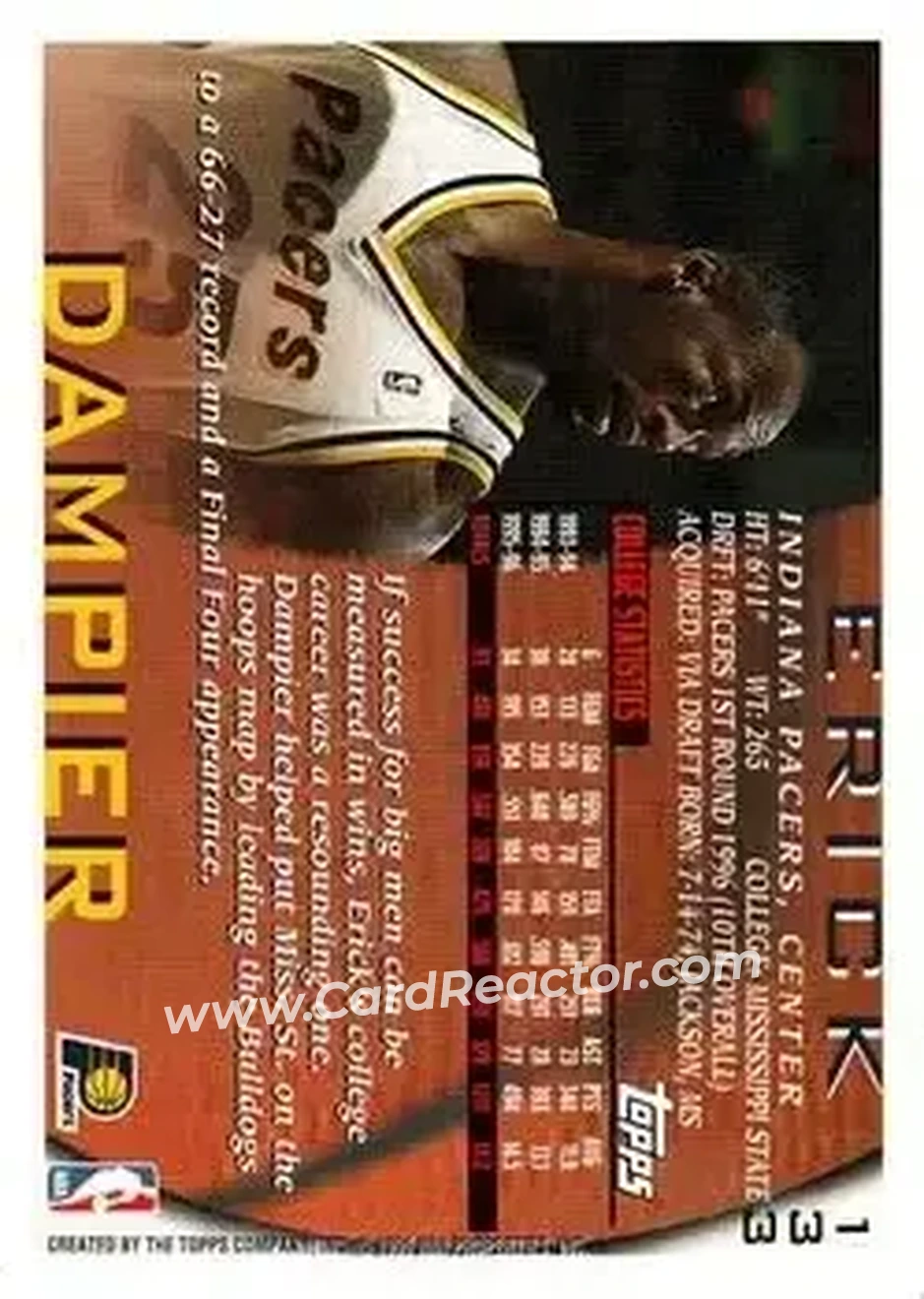 1996-97 Topps #133 - Erick Dampier - Indiana Pacers - Back