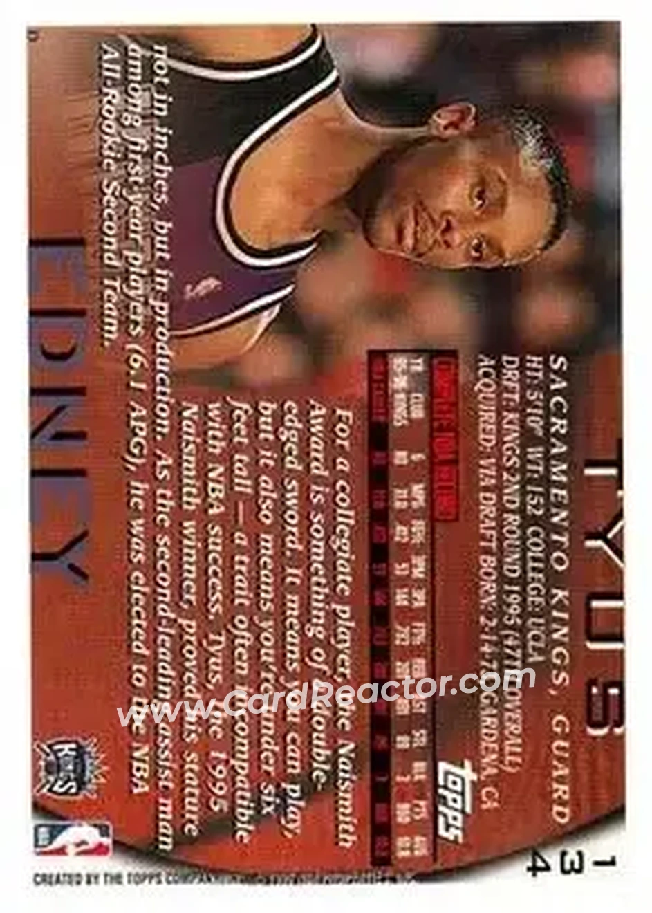 1996-97 Topps #134 - Tyus Edney - Sacramento Kings - Back