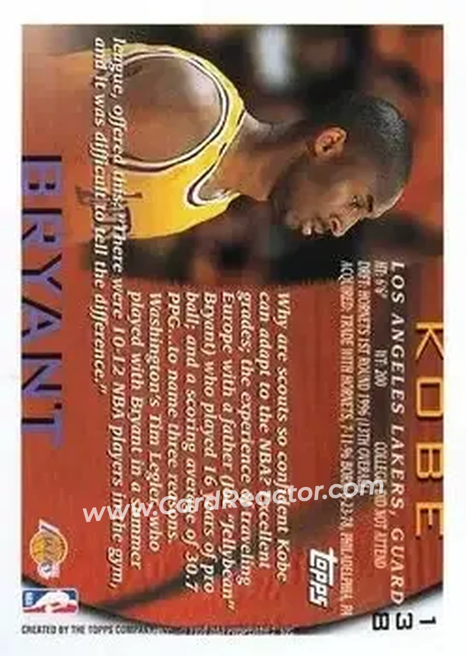 1996-97 Topps #138 - Kobe Bryant - Los Angeles Lakers - Back