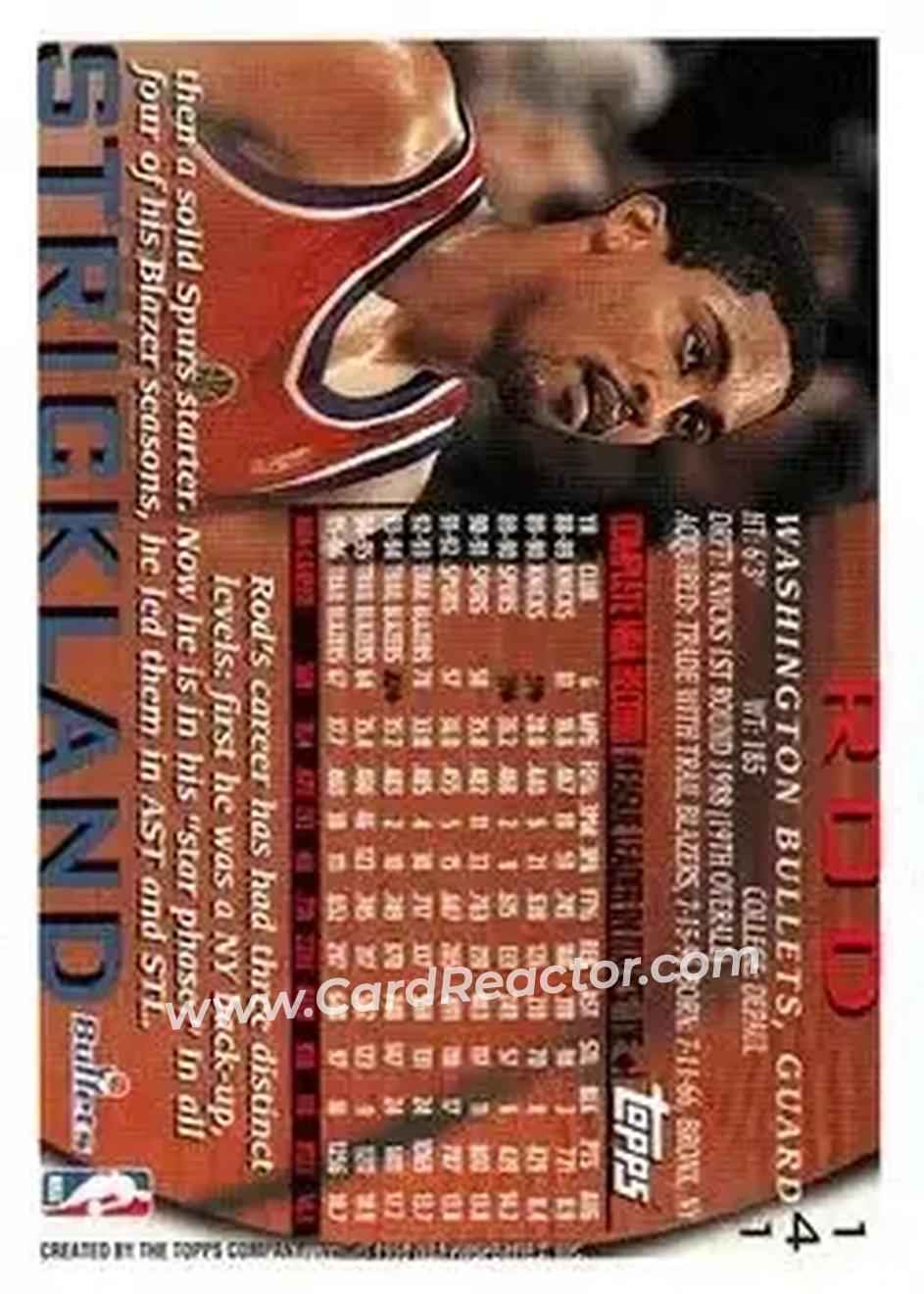1996-97 Topps #141 - Rod Strickland - Washington Bullets - Back