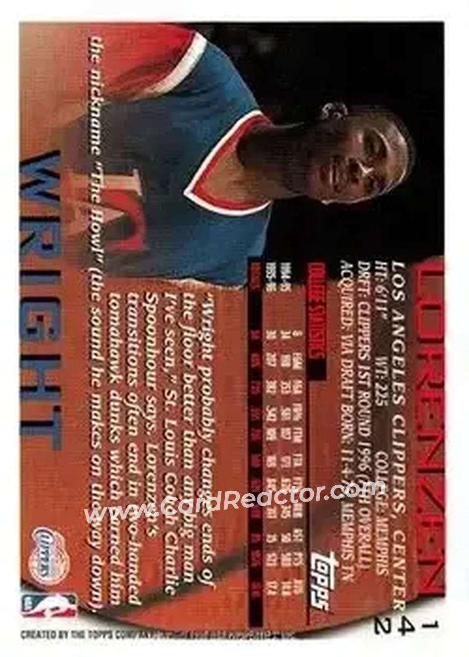 1996-97 Topps #142 - Lorenzen Wright - Los Angeles Clippers - Back 1996-97 Topps #142 - Lorenzen Wright - Los Angeles Clippers - Back
