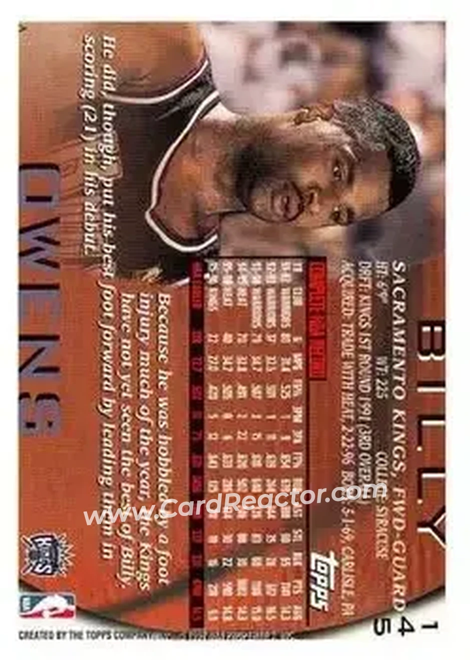 1996-97 Topps #145 - Billy Owens - Sacramento Kings - Back