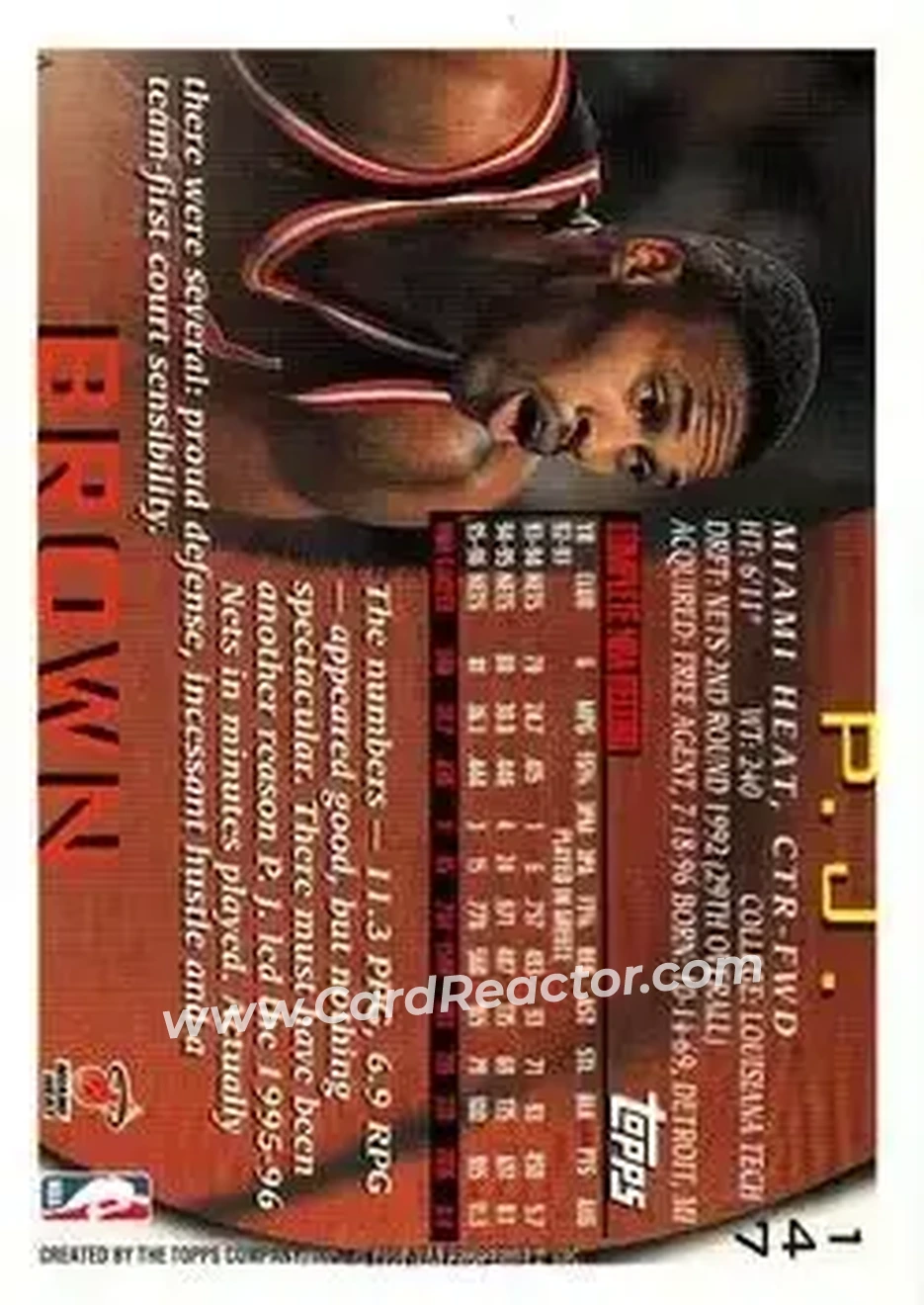 1996-97 Topps #147 - P.J. Brown - Miami Heat - Back
