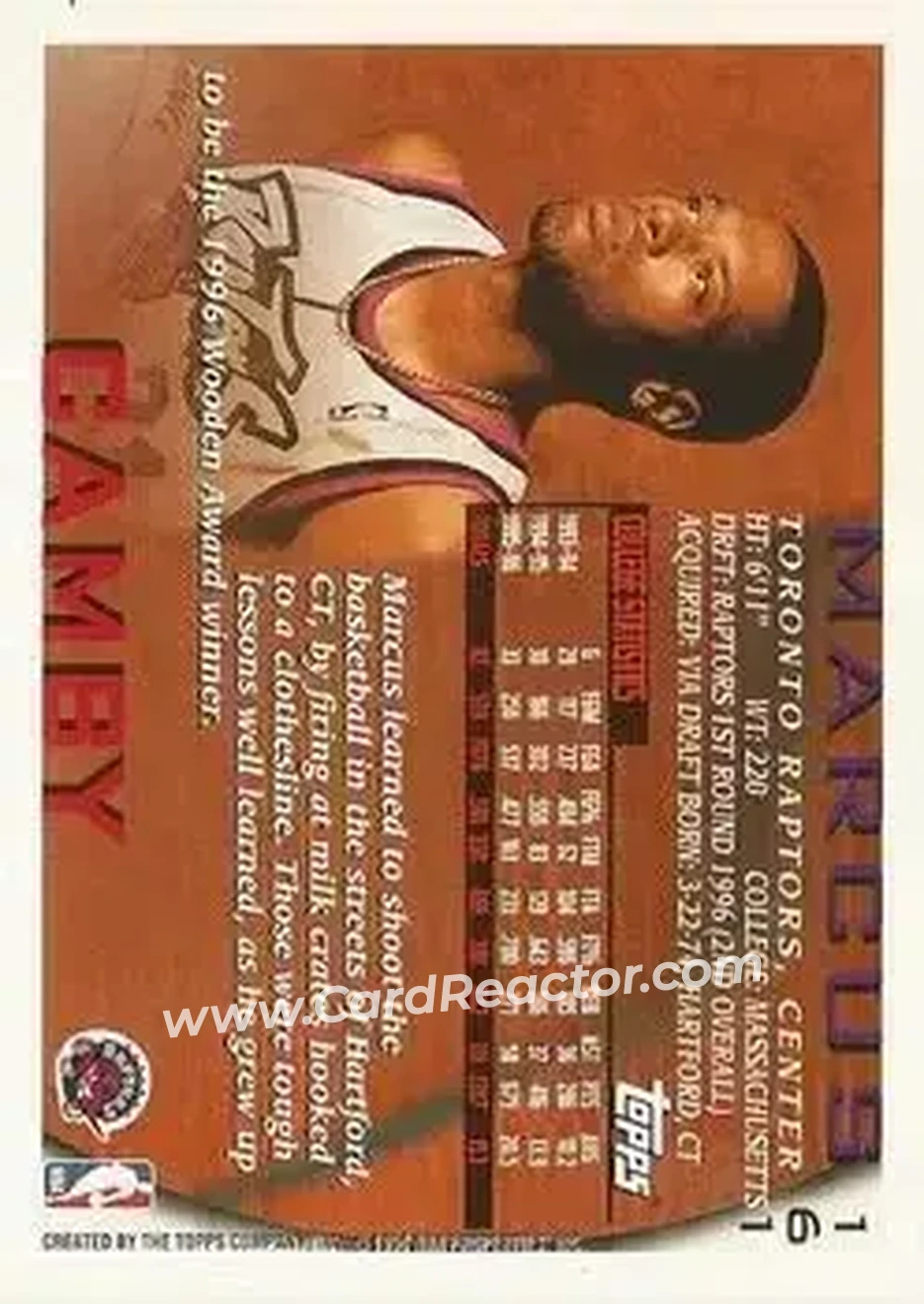 1996-97 Topps #161 - Marcus Camby - Toronto Raptors - Back