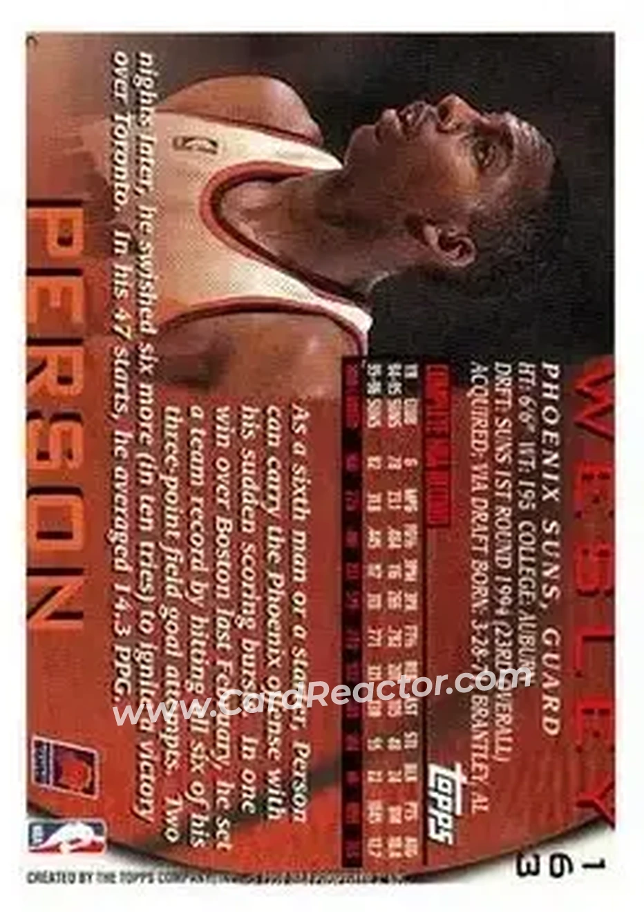 1996-97 Topps #163 - Wesley Person - Phoenix Suns - Back 1996-97 Topps #163 - Wesley Person - Phoenix Suns - Back