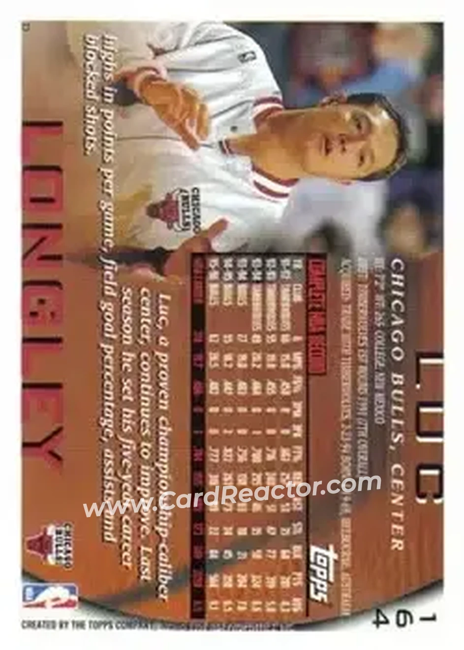 1996-97 Topps #164 - Luc Longley - Chicago Bulls - Back