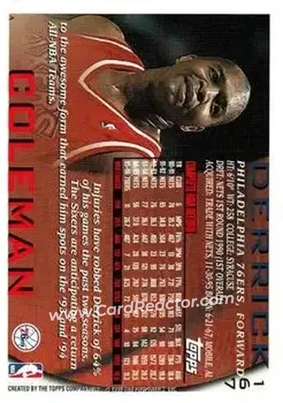 1996-97 Topps #167 - Derrick Coleman - Philadelphia 76ers - Back
