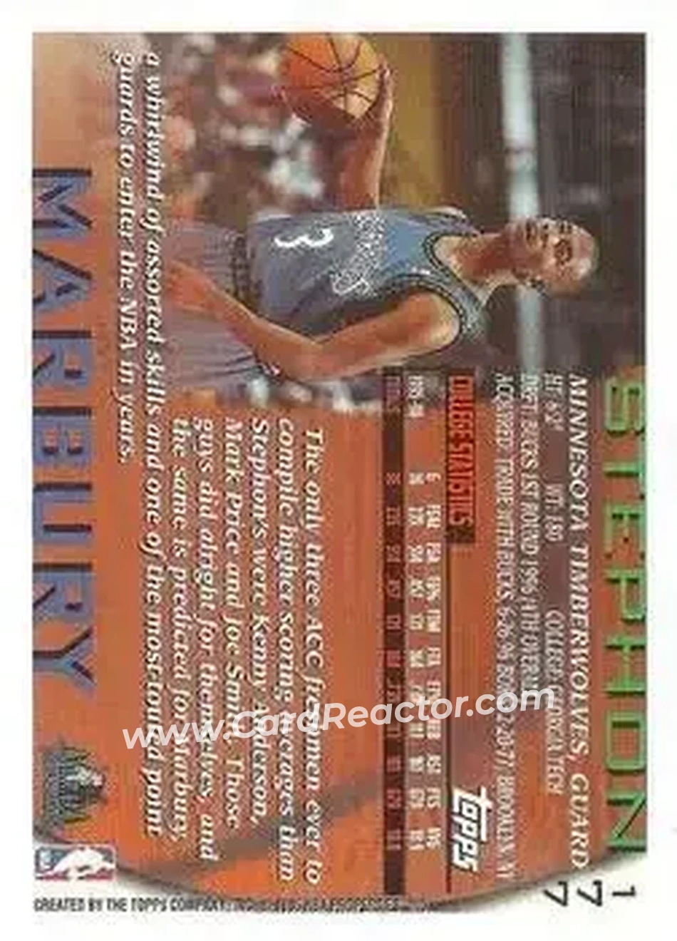1996-97 Topps #177 - Stephon Marbury - Minnesota Timberwolves - Back