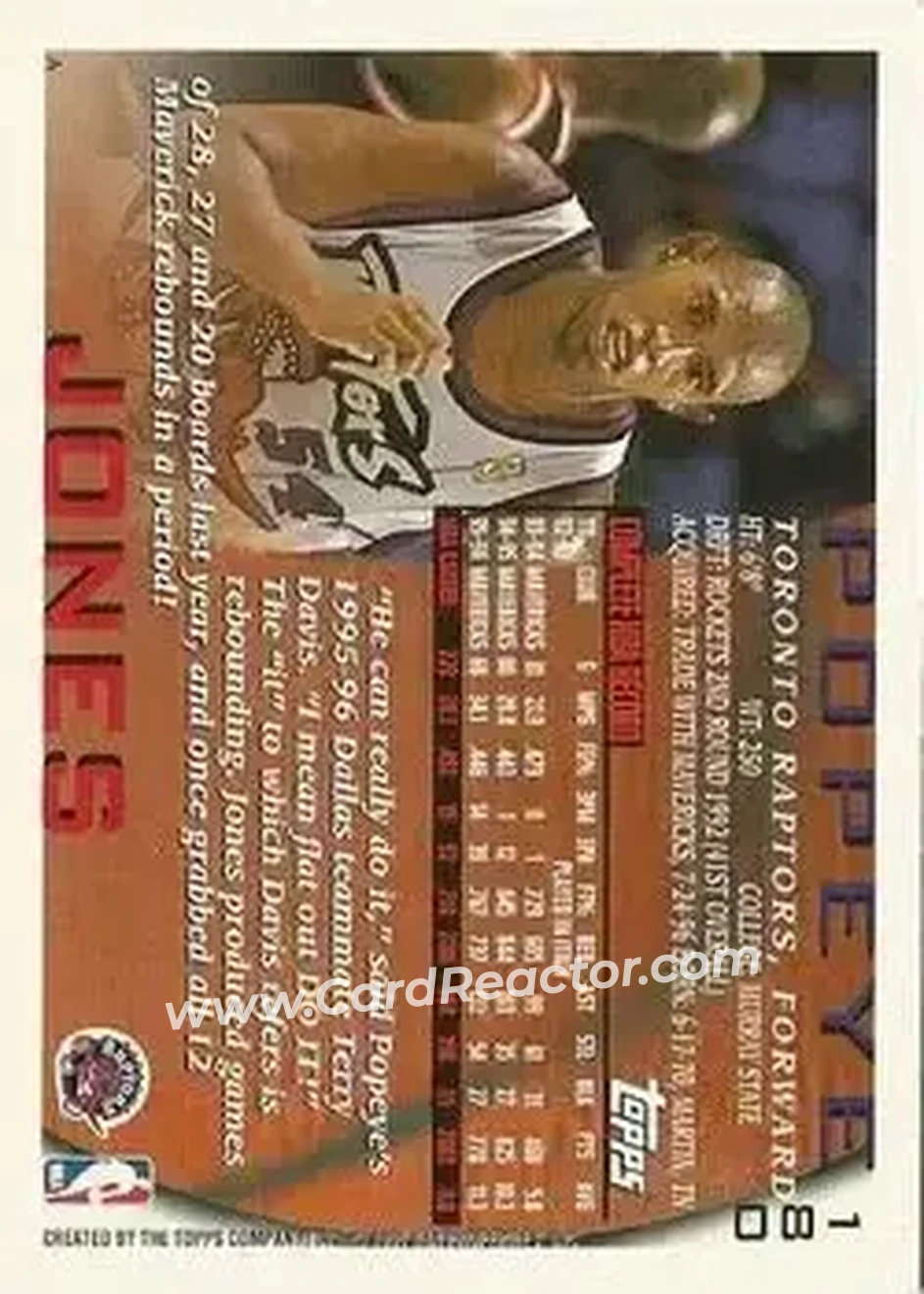 1996-97 Topps #180 - Popeye Jones - Toronto Raptors - Back