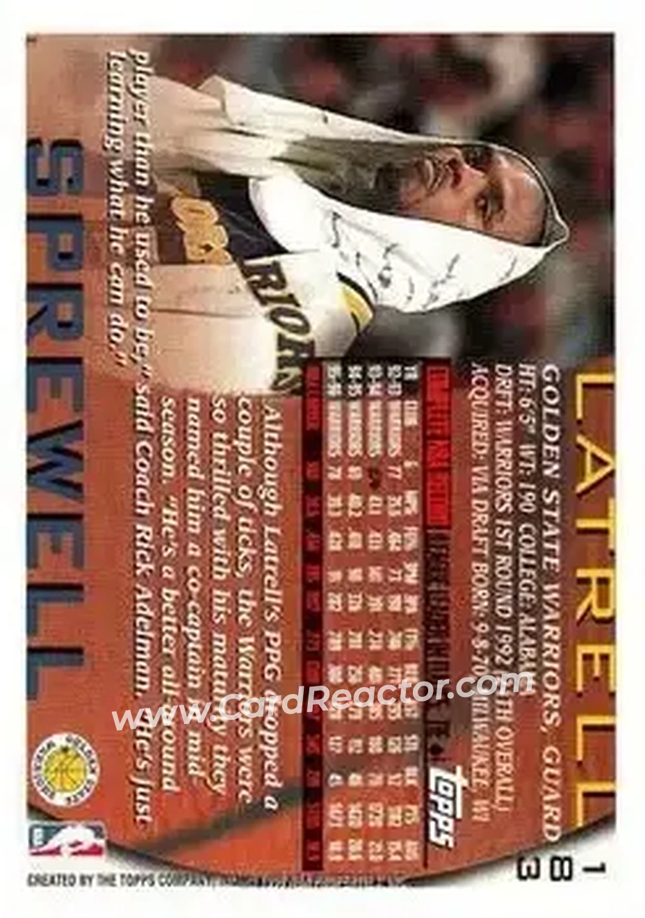 1996-97 Topps #183 - Latrell Sprewell - Golden State Warriors - Back 1996-97 Topps #183 - Latrell Sprewell - Golden State Warriors - Back