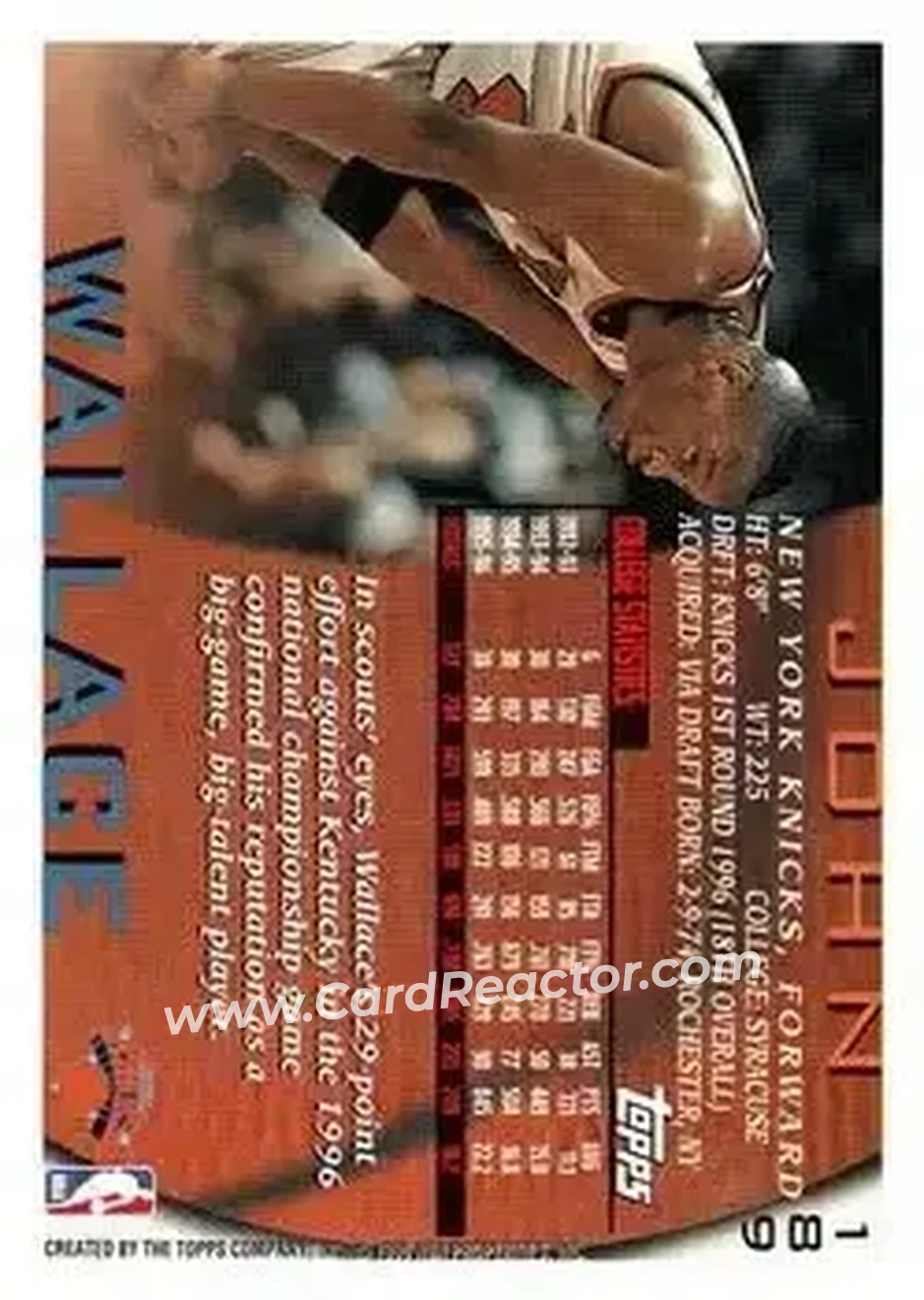 1996-97 Topps #189 - John Wallace - New York Knicks - Back