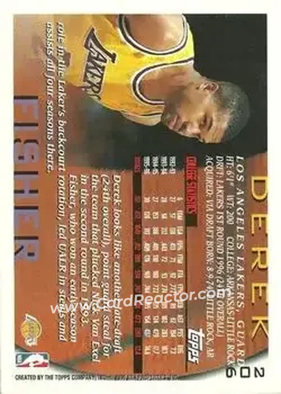 1996-97 Topps #206 - Derek Fisher - Los Angeles Lakers - Back