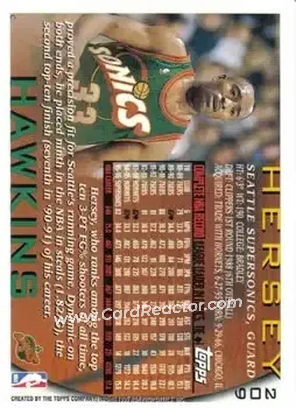 1996-97 Topps #209 - Hersey Hawkins - Seattle SuperSonics - Back 1996-97 Topps #209 - Hersey Hawkins - Seattle SuperSonics - Back
