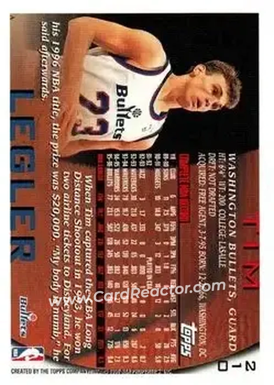 1996-97 Topps #210 - Tim Legler - Washington Bullets - Back