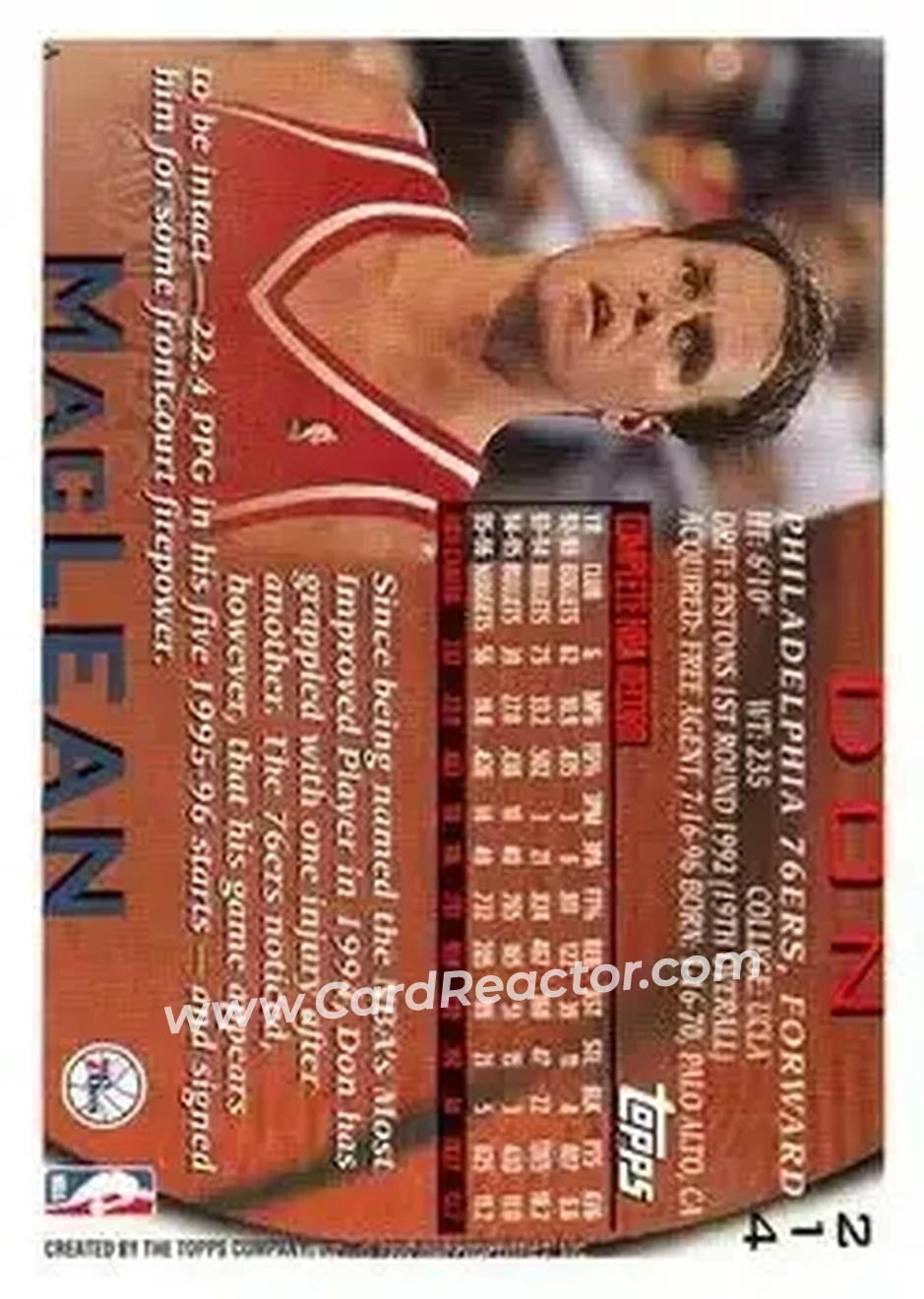 1996-97 Topps #214 - Don MacLean - Philadelphia 76ers - Back