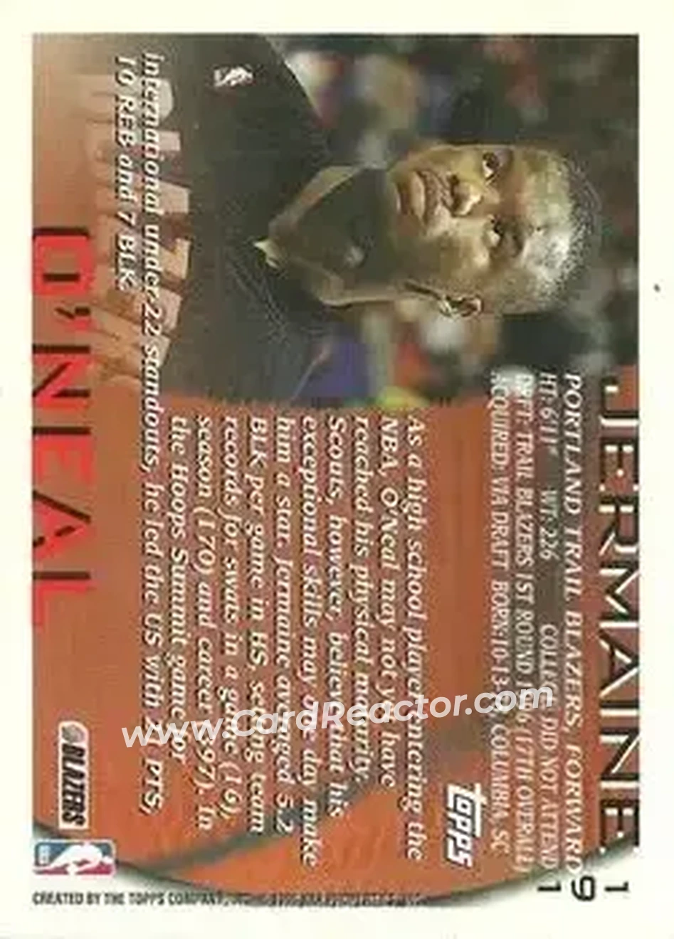 1996-97 Topps #191 - Jermaine O'Neal - Portland Trail Blazers - Back