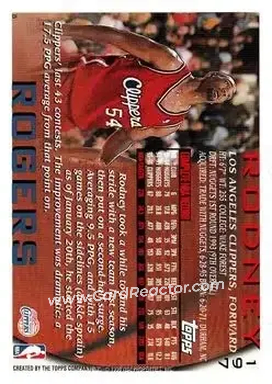 1996-97 Topps #197 - Rodney Rogers - Los Angeles Clippers - Back