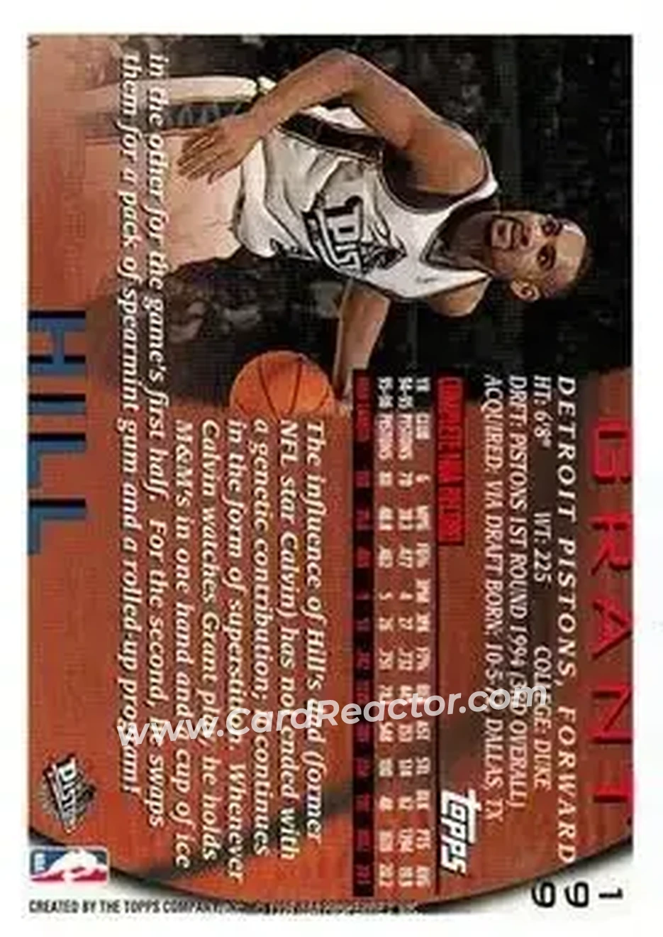 1996-97 Topps #199 - Grant Hill - Detroit Pistons - Back