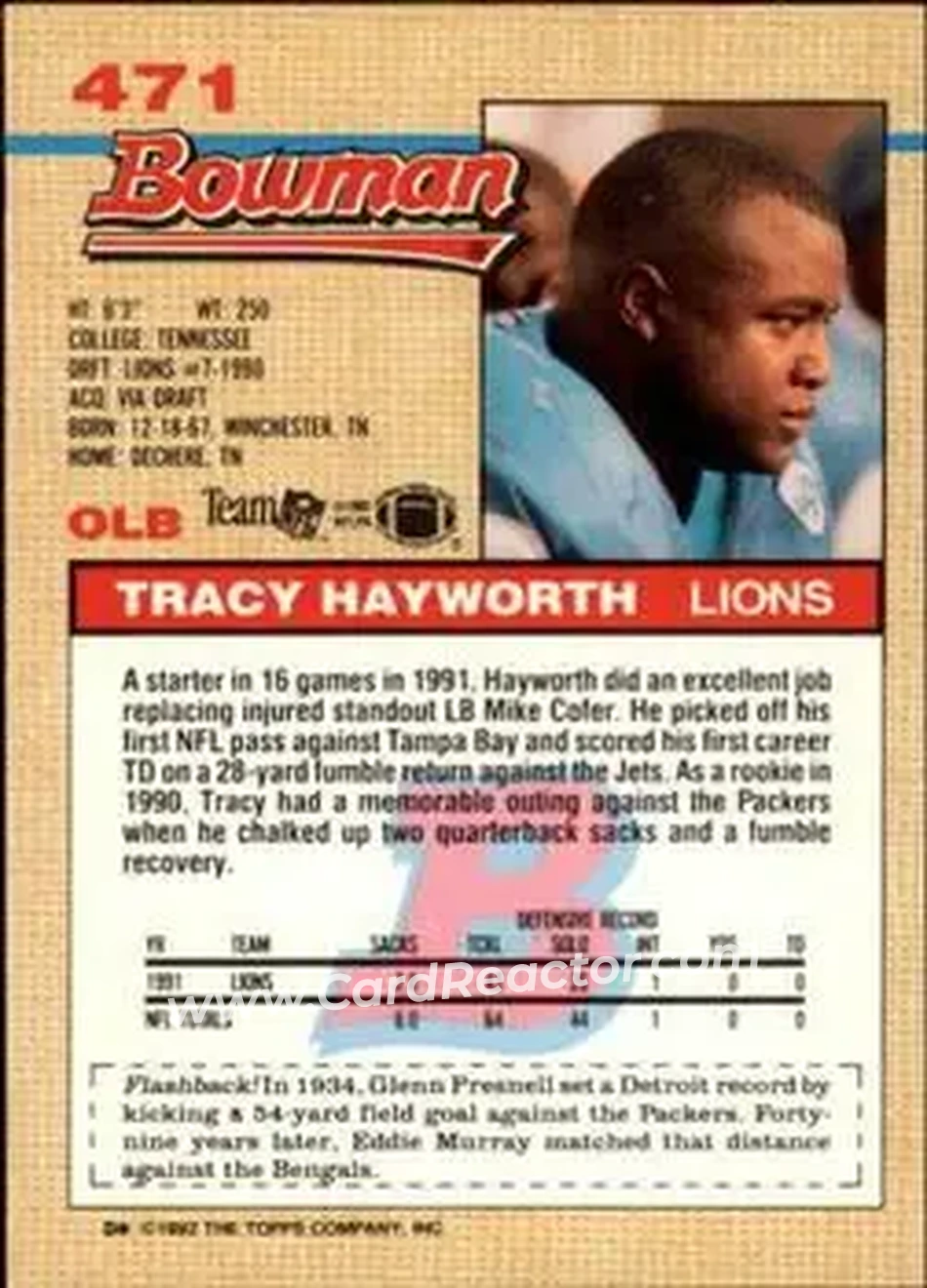 1992 Bowman #471 - Tracy Hayworth - Detroit Lions - Back