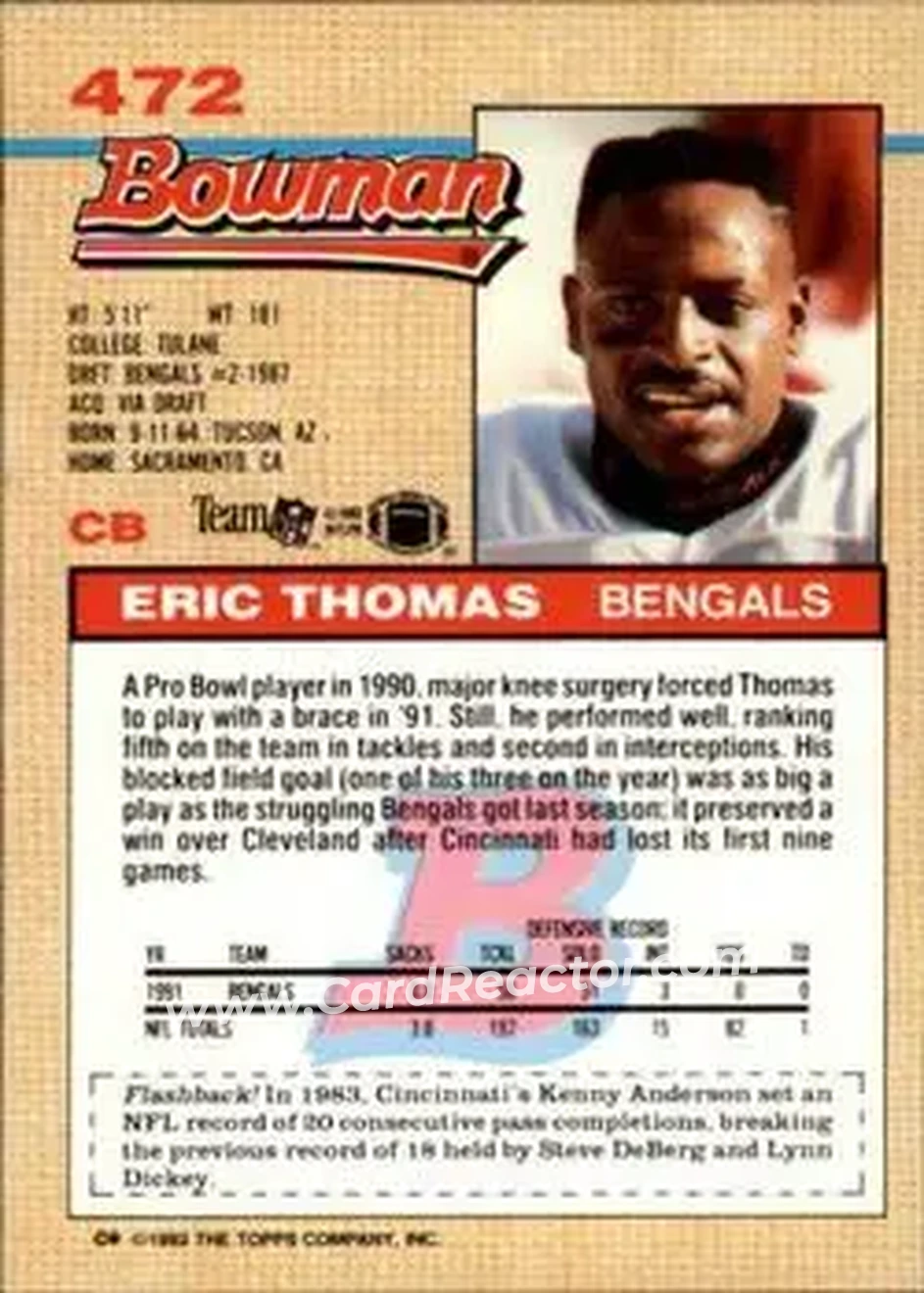 1992 Bowman #472 - Eric Thomas - Cincinnati Bengals - Back