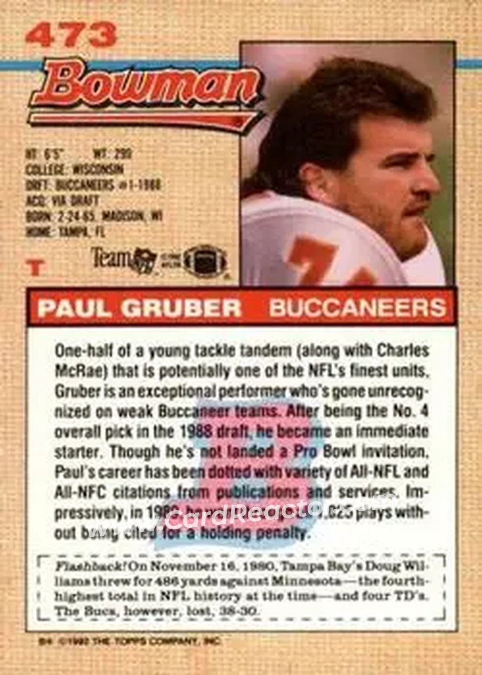 1992 Bowman #473 - Paul Gruber - Tampa Bay Buccaneers - Back