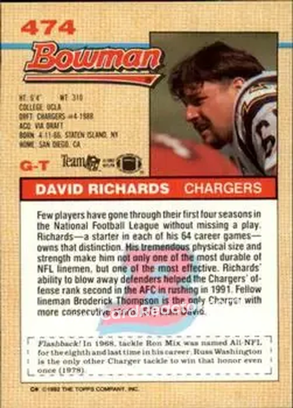 1992 Bowman #474 - David Richards - San Diego Chargers - Back