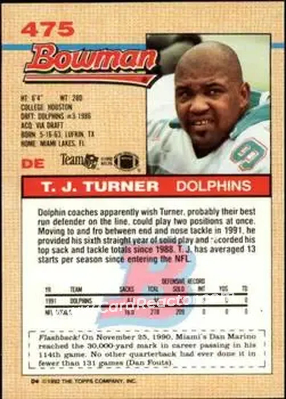 1992 Bowman #475 - T.J. Turner - Miami Dolphins - Back