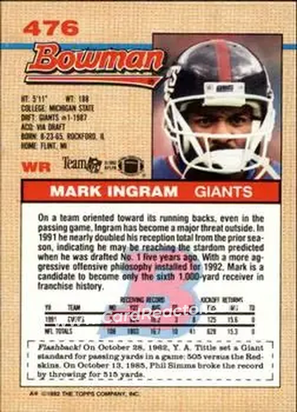 1992 Bowman #476 - Mark Ingram - New York Giants - Back