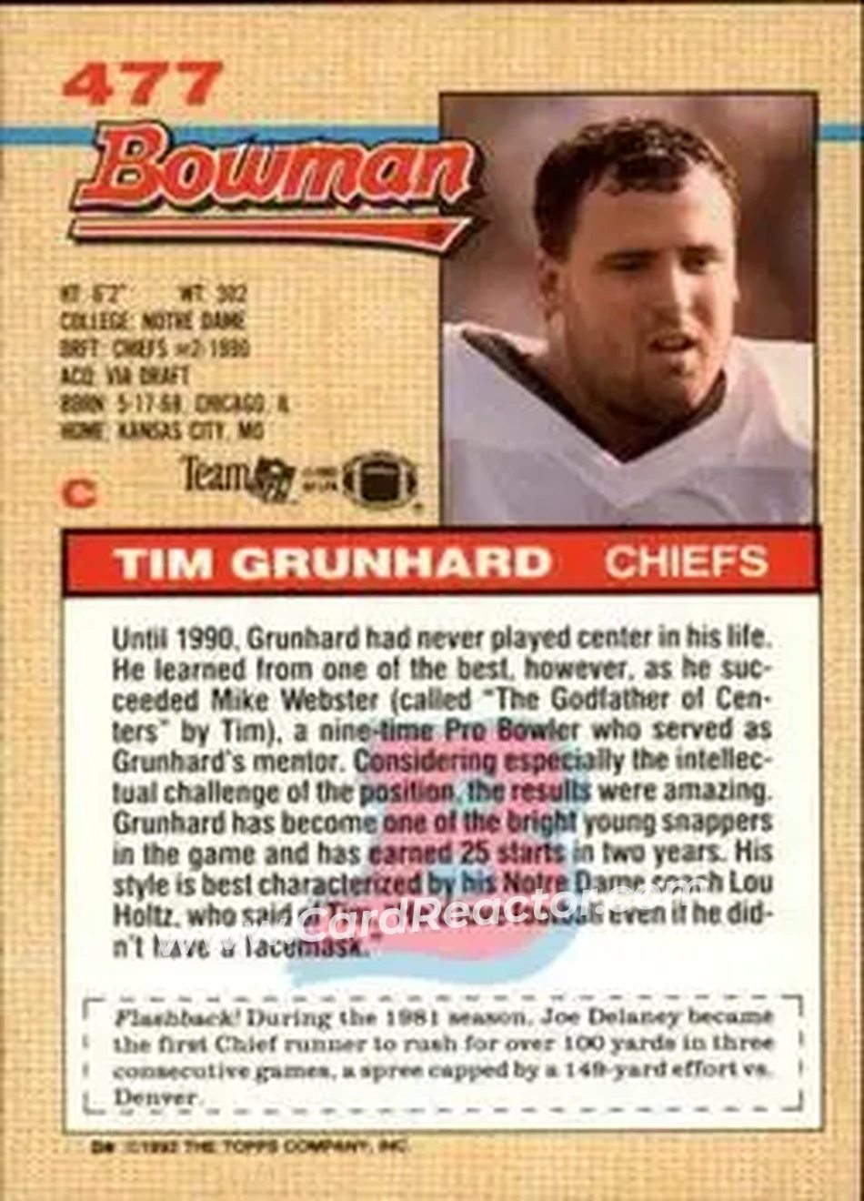 1992 Bowman #477 - Tim Grunhard - Kansas City Chiefs - Back