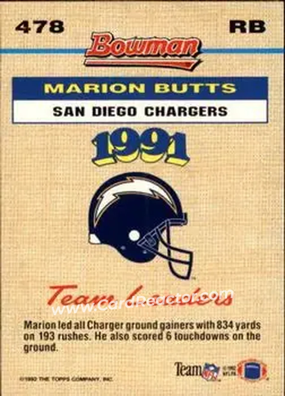 1992 Bowman #478 - Marion Butts - San Diego Chargers - Back