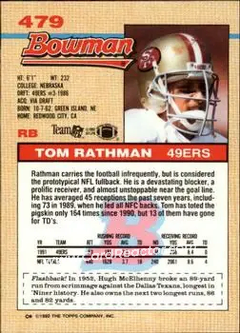 1992 Bowman #479 - Tom Rathman - San Francisco 49ers - Back