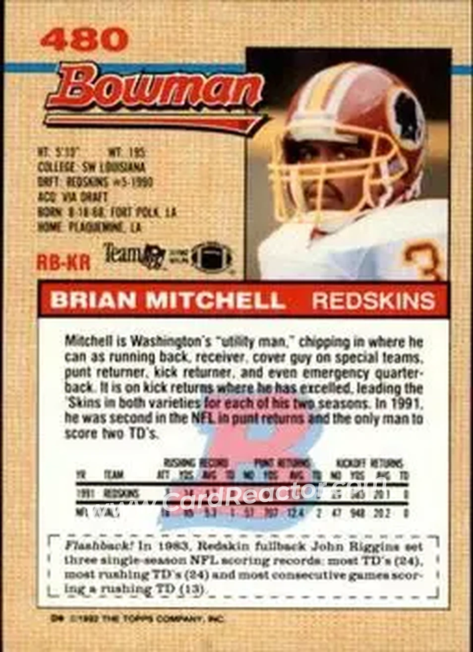 1992 Bowman #480 - Brian Mitchell - Washington Redskins - Back