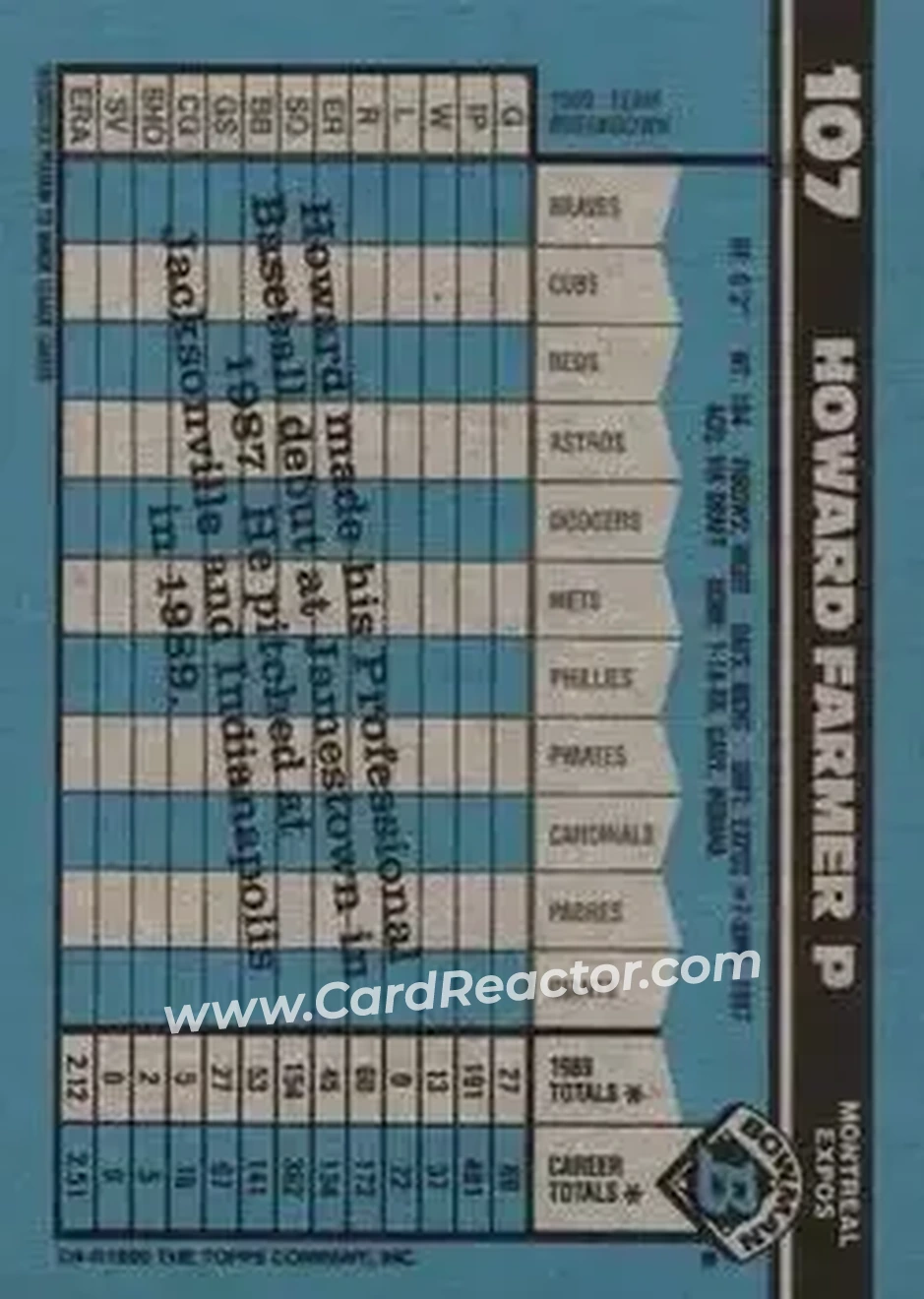 1990 Bowman #107 - Howard Farmer - Montreal Expos - Back
