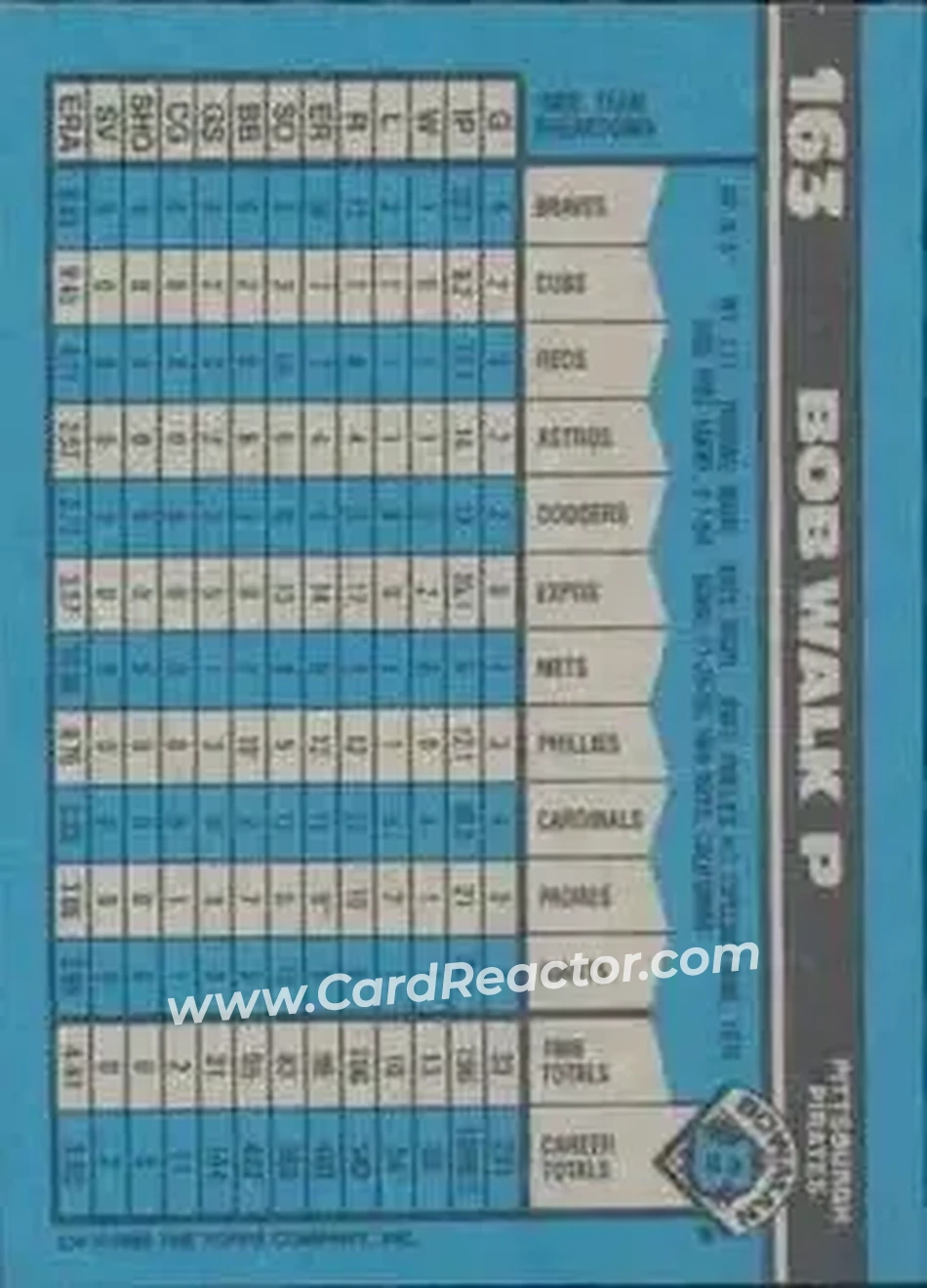 1990 Bowman #163 - Bob Walk - Pittsburgh Pirates - Back 1990 Bowman #163 - Bob Walk - Pittsburgh Pirates - Back