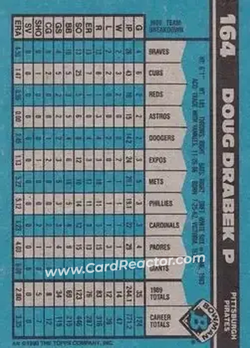 1990 Bowman #164 - Doug Drabek - Pittsburgh Pirates - Back
