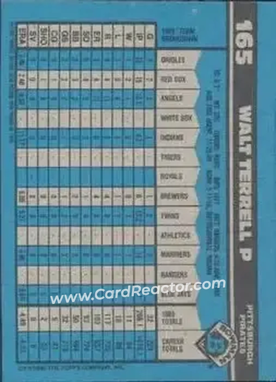 1990 Bowman #165 - Walt Terrell - Pittsburgh Pirates - Back