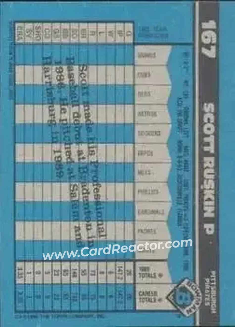 1990 Bowman #167 - Scott Ruskin - Pittsburgh Pirates - Back 1990 Bowman #167 - Scott Ruskin - Pittsburgh Pirates - Back