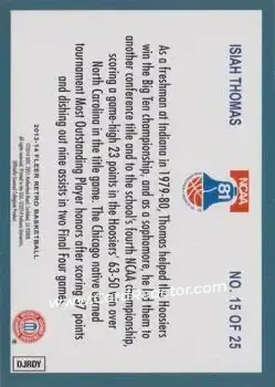 2013-14 Fleer Retro - '92-93 Fleer Final Four Stars #15 - Isiah Thomas - Indiana Hoosiers - Back