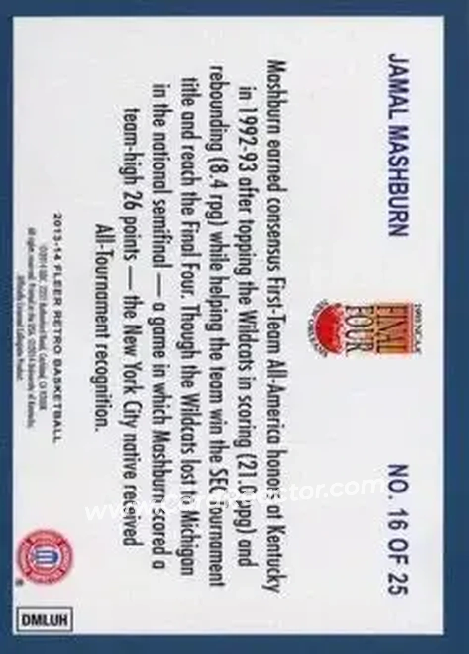 2013-14 Fleer Retro - '92-93 Fleer Final Four Stars #16 - Jamal Mashburn - Kentucky Wildcats - Back