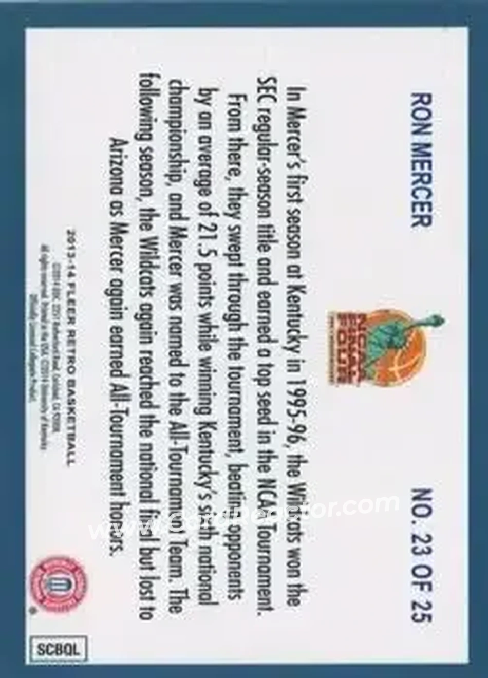 2013-14 Fleer Retro - '92-93 Fleer Final Four Stars #23 - Ron Mercer - Kentucky Wildcats - Back