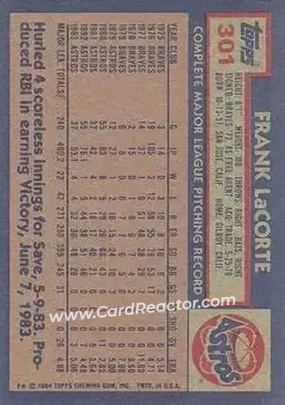 1984 Topps #301 - Frank LaCorte - Houston Astros - Back