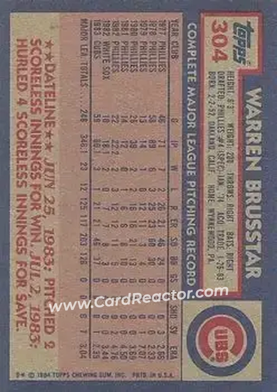 1984 Topps #304 - Warren Brusstar - Chicago Cubs - Back 1984 Topps #304 - Warren Brusstar - Chicago Cubs - Back