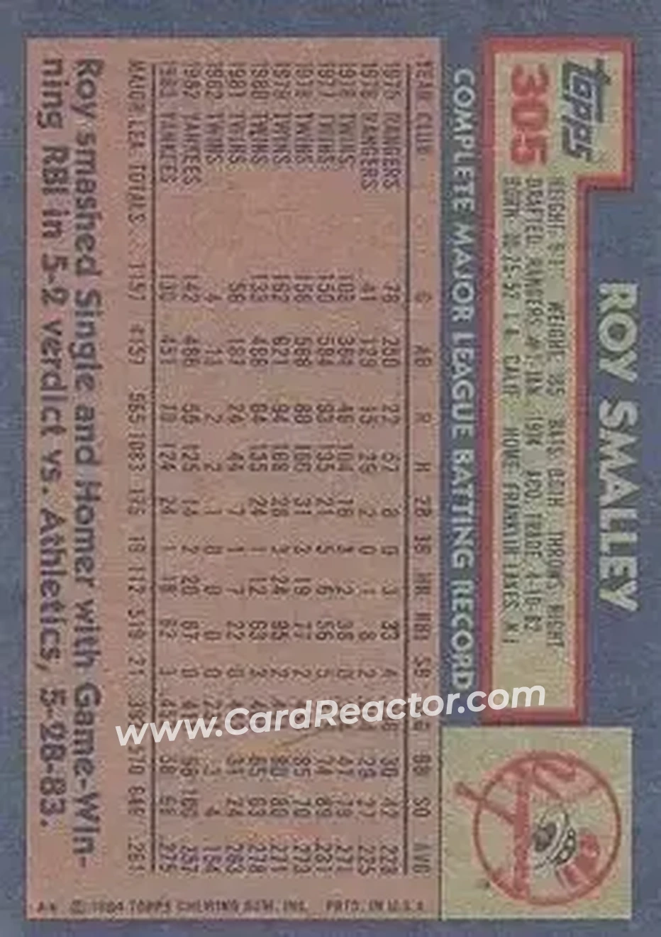1984 Topps #305 - Roy Smalley - New York Yankees - Back 1984 Topps #305 - Roy Smalley - New York Yankees - Back